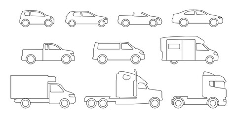 Cars and trucks model line icons set. Own passenger transport, car for delivery and logistic truck. Shipment service, cargo transportation, automobile for travel. Vector sign outline