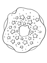 contour line illustration cartoon style sweet food donut with icing and stars design element advertising print sticker coloring book