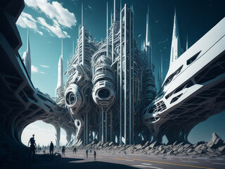 Astropunk science fiction future city. AI Generated