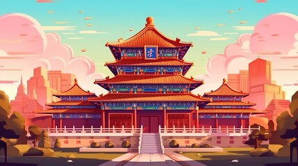 Abstract background China. Captivating illustration capturing the elegance and architectural beauty of a Chinese house set against a vibrant abstract background. Generative AI.