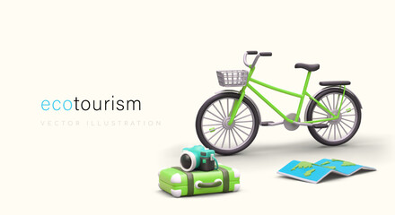 Vector concept of ecotourism. 3D bicycle, camera, map, suitcase. Cycling, active leisure. Green transport. Caring for your health and environment. Poster with space for text
