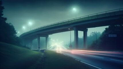 Freeway in night with cars light in crossroads. Generative AI.