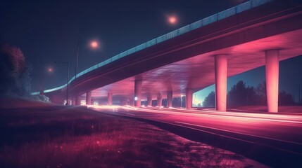 Fototapeta na wymiar Freeway in night with cars light in crossroads. Generative AI.