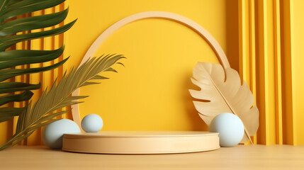 photo 3D render wooden podium with palm leaves ai generative