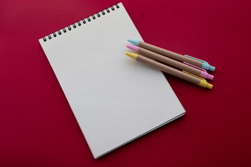 notebook with pens. school notebook with pens on a red background