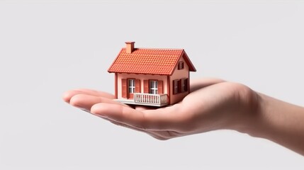 Fototapeta na wymiar Hand presenting Modern model house on hand for home loan campaign, Buying house concept, Generative Ai
