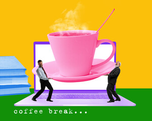 Two businessmen carrying giant coffee cup for lunch break. Energy for work, rest between deadlines. Contemporary art collage. Concept of business and leisure time, motivation and rest. Creative design