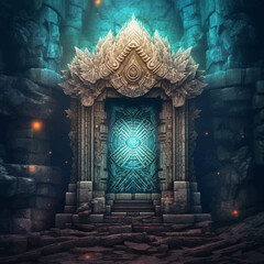 Magic Gate. Mysterious Entrance portal. Fantasy gate. Ancient ruins. Passage to another world. Stone Magic door to an alien world. Fantasy night landscape with magical power. 3D illustation