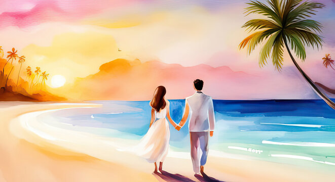 Beautiful tropical beach at sunset with abstract couple walking along the ocean summer wedding background bride and groom watercolor style generative ai illustration