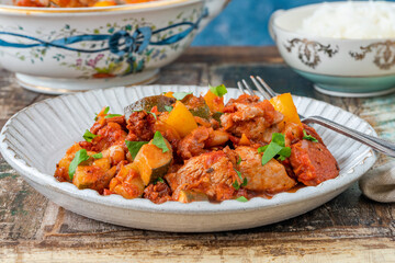Spanish chicken stew with red wine, chorizo and vegetables