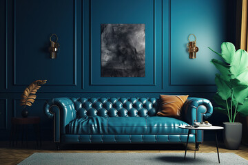 Blue leather sofa in living room with furnishings against two tone walls. Generative AI