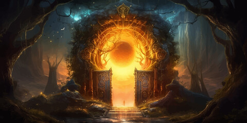 Magic Gate. Mysterious Entrance portal. Fantasy gate. Ancient ruins. Passage to another world. Stone Magic door to an alien world. Fantasy night landscape with magical power. 3D illustation