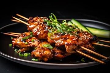 Tamari-glazed chicken skewers garnished with sesame seeds and spring onions on a white plate