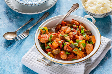 Spanish chicken stew with red wine, chorizo and vegetables