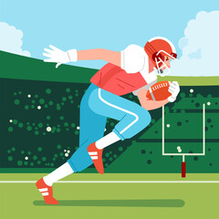 American football player running fast across the field carrying the ball