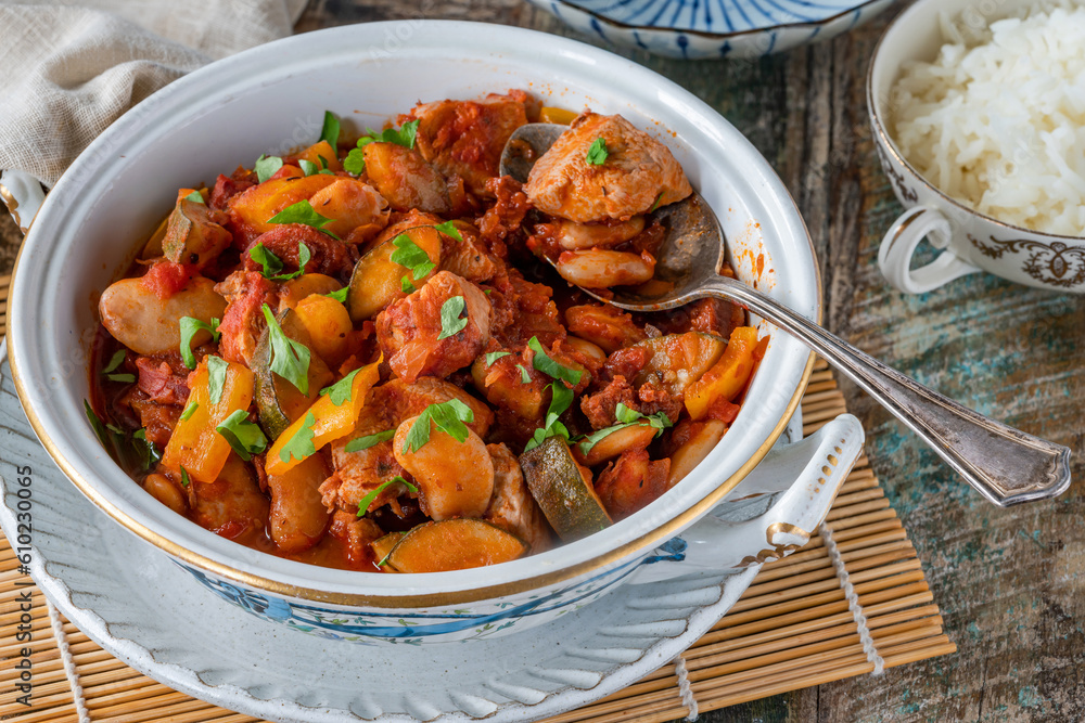 Sticker spanish chicken stew with red wine, chorizo and vegetables