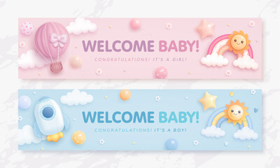 Set of baby shower invitation with cartoon hot air balloon, rocket, rainbow, sun, balloons and clouds on blue and pink background. It's a boy. It's a girl. Vector illustration