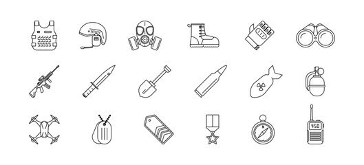 Military and army simple outline icons set. War icon, ammunition isolated symbol. Vector illustration