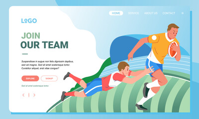 Rugby minimalist banner web illustration mobile landing page GUI UI player jump to grab ball