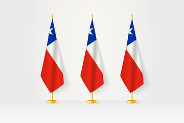 Three Chile flags in a row on a golden stand, illustration of press conference and other meetings.