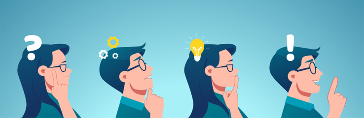 Vector of a thoughtful man and woman thinking solving together a common problem. - obrazy, fototapety, plakaty