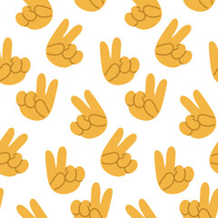 Seamless pattern with the victory gesture, two thumbs up. Victory, life, peace. Index and middle finger up. Template for printing backgrounds on wallpaper, textiles. Background of victory, life