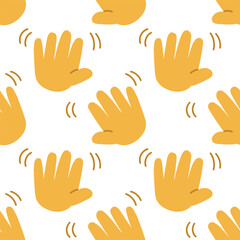 Seamless pattern with a waving palm gesture. Greeting. Palm movement. Palms are turned towards the viewer. Template for printing backgrounds on wallpaper, textiles. Background greeting