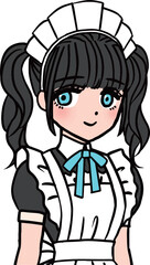 ブルーの胸のリボンをつけた黒髪のメイド