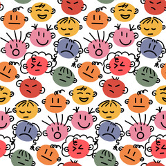 A pattern with emotional colored circles and contour rendering of hairstyles. Vector icon of emotions with hairstyles. Funny illustration. Design for fabric, wrapping paper Party decoration on a white