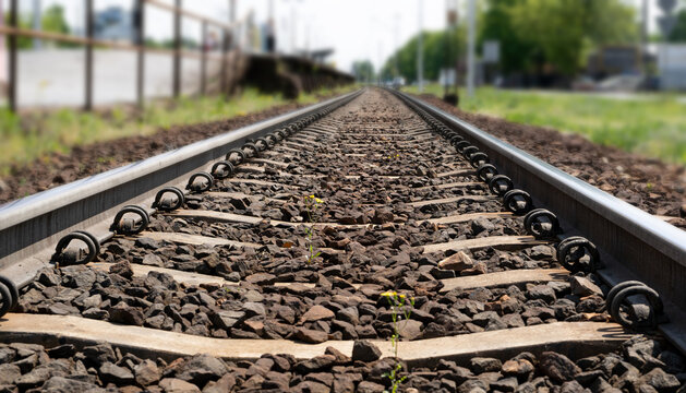 Railway Lines Closeup, Train Tracks with Track Ballast Stones, Metal Rails, Old Railway Track
