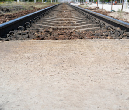 Railway Lines Closeup, Train Tracks with Track Ballast Stones, Metal Rails, Old Railway Track