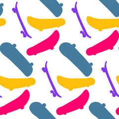 A pattern with colored spots in the form of skateboarding. The texture of the skate background. Illustration of doodles for skateboarding. Vector seamless repeating pattern Printing on textiles, paper