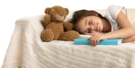 Cute child little girl sleeps in the bed with a toy teddy bear