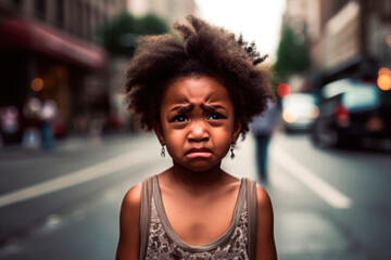 Fototapeta na wymiar AI generated portrait of fright African American little candid girl at urban street background