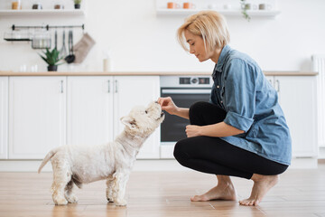 Side view of relaxed blonde woman in cozy wear crouching down to small white dog with treats in...