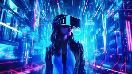 Fototapeta na wymiar Woman in VR glasses, virtual reality headset walking through metaverse in cyber digital world night city