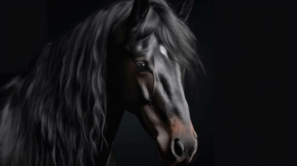 Naklejka na ściany i meble Portrait of black stallion Horse with long mane. AI