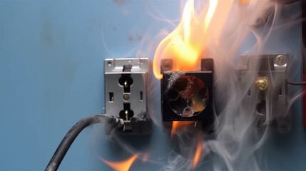Electric short circuit causing fire on plug socket. Fire and smoke on electric wire plug. AI