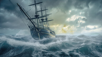 Ship on the high seas in a Hurricane about to Capsize Wallpaper Background Generative AI Digital Art 
