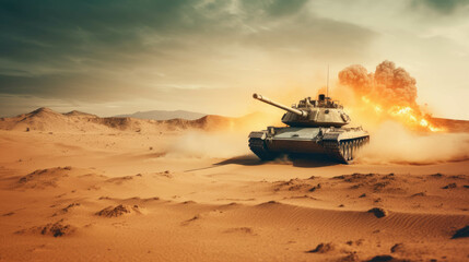 Armored tank crosses a mine field during war invasion epic scene of fire and some in the desert, wide poster design with copy space area.