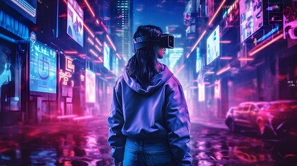 Exploring Metaverse: Woman in VR Headset Navigating Through Neon-Lit Cyber City