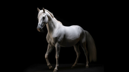 Obraz na płótnie Canvas Standing and rearing silver white horse in studio interior dramatic lighting isolated on black with copy space area.