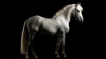 Standing and rearing silver white horse in studio interior dramatic lighting isolated on black with copy space area.