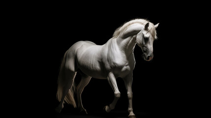 Fototapeta na wymiar Standing and rearing silver white horse in studio interior dramatic lighting isolated on black with copy space area.