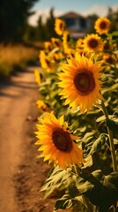 Fototapeta premium Nahaufnahme wunderschönener Sonnenblumen am Wegrand - Generative AI Wallpaper Hintergrund