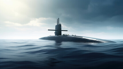 Generic military nuclear submarine floating in the middle of the ocean while shooting an undersea torpedo missile, wide banner with copy space area.  - obrazy, fototapety, plakaty
