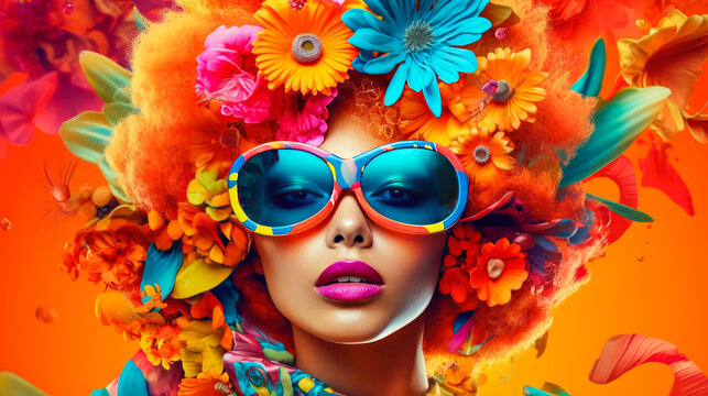 Colorful art portrait of a young fashionable woman. Summer fashion concept. Generative AI.