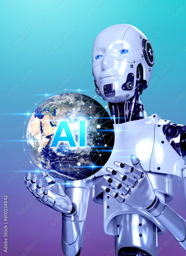 Poster 3d rendering robot holding virtual hologram of digital world with polygon graphics, global online in