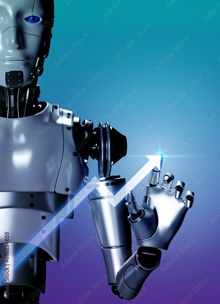 Poster 3d rendering smart robot draws rising arrow on growth graph on blue background, vertical style. ai h