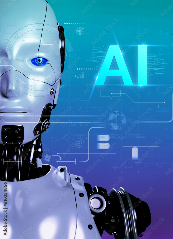 Poster artificial intelligence humanoid robot portraits looking camera surround with ai computer circuit an